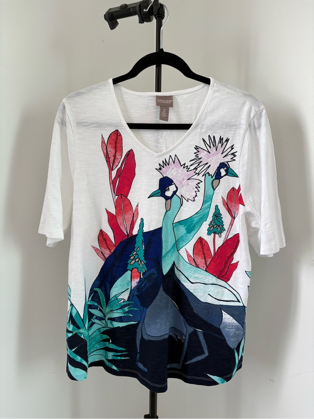 Chico's White V-Neck Tee with Teal & Navy Bird Graphic Sequins and Beads